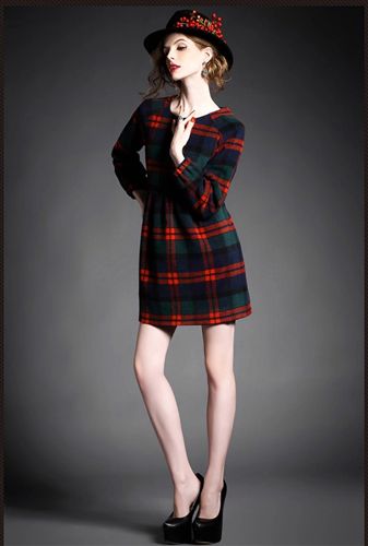 歐美風 現貨HTL歐美冬季新款歐美高端時尚落肩長袖格紋毛呢打底連衣裙原始圖片2
