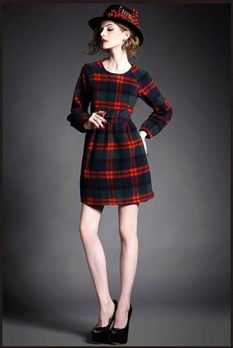 歐美風 現貨HTL歐美冬季新款歐美高端時尚落肩長袖格紋毛呢打底連衣裙原始圖片3