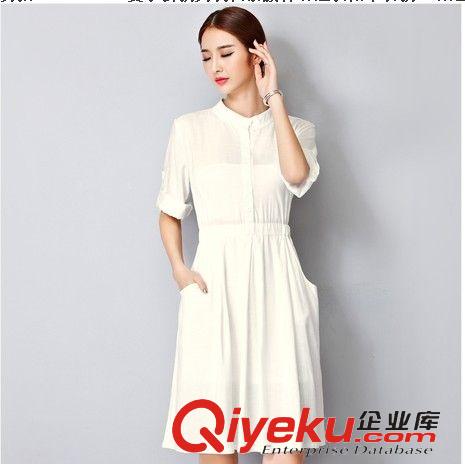 連衣裙 2015夏季新款女裝通勤OL立領松緊腰棉麻連衣裙中長款亞麻短袖裙子原始圖片2