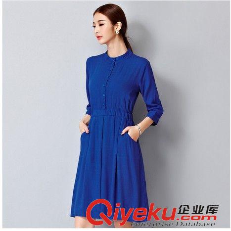 連衣裙 2015夏季新款女裝通勤OL立領松緊腰棉麻連衣裙中長款亞麻短袖裙子原始圖片3