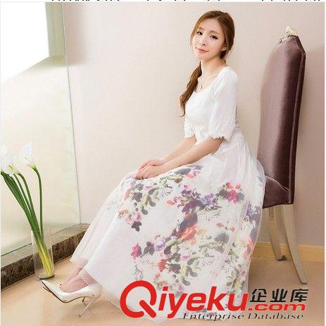 韓版系列 2015春夏新款女圓領(lǐng)印花短袖拼接網(wǎng)紗寬松中長(zhǎng)款T恤裙潮連衣裙