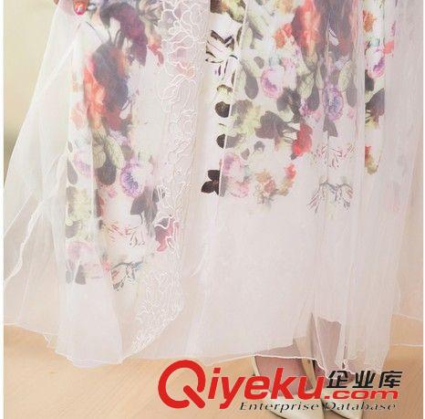 韓版系列 韓版氣質淑女蕾絲繡花歐根紗文藝森系中袖沙灘度假大擺連衣長裙女原始圖片3