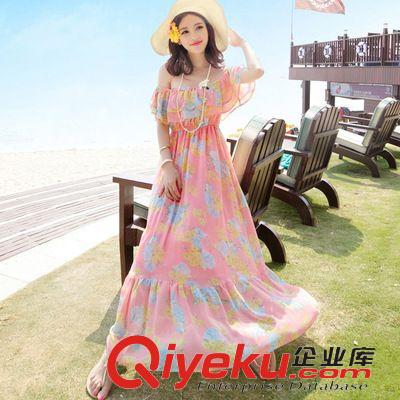 波西米亞風(fēng) 2015夏歐洲站時(shí)尚一字領(lǐng)波西米亞長(zhǎng)裙雪紡連衣裙沙灘長(zhǎng)裙原始圖片2