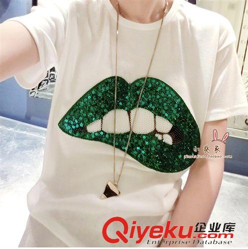 上裝 2015夏季新款韓版超閃兩色時尚刺繡咬唇莫代爾棉T恤衫女潮原始圖片3