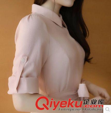 4月新款 2015春季韓版女裝粉色雪紡襯衫連衣裙中長款修身收腰襯衣裙子