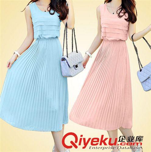 4月新款 2015夏裝新款顯瘦氣質(zhì)韓版女裝百褶無袖拼接大碼雪紡連衣裙長裙