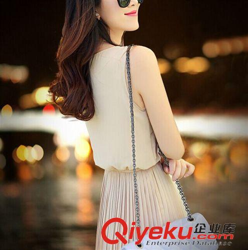 4月新款 2015夏裝新款顯瘦氣質(zhì)韓版女裝百褶無袖拼接大碼雪紡連衣裙長裙