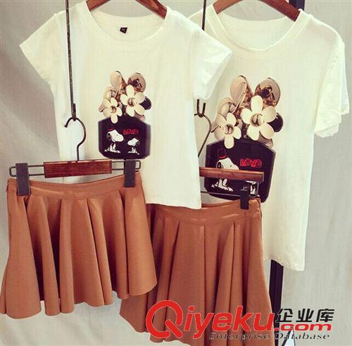 時尚親子裝 2015夏裝新款時尚歐美風可愛狗狗貼布繡上衣經(jīng)典卡其裙母女裝原始圖片2