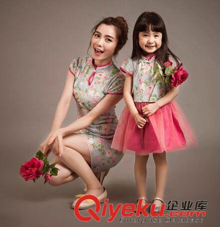 時尚親子裝 2015夏裝新款時尚親子裝民族風蕾絲拼接網紗旗袍短袖連衣裙
