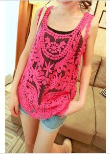 背心、吊帶、坎肩、披肩 2015夏季新款韓版少女網(wǎng)紗刺繡鉤花背心蕾絲罩衫蕾絲衫女潮必備原始圖片2