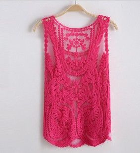 背心、吊帶、坎肩、披肩 2015夏季新款韓版少女網(wǎng)紗刺繡鉤花背心蕾絲罩衫蕾絲衫女潮必備原始圖片3