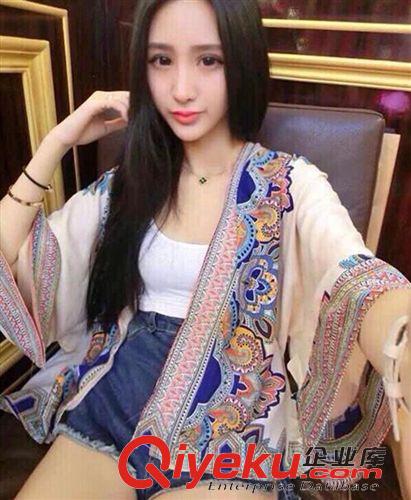 背心、吊帶、坎肩、披肩 2015夏季新款經典時尚民族風別致手繪圖案雪紡寬松披肩式小外套女