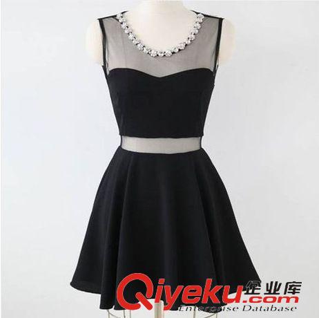 睡衣、夜店裝 2015新款小黑裙鑲鉆圓領(lǐng)ts網(wǎng)紗修身夜店裝連衣裙原始圖片3