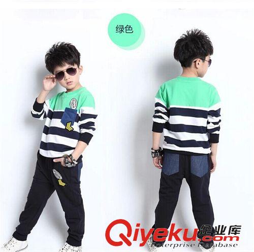 2015---春款套裝---[專區(qū)] 2015春款童裝 韓版純棉條紋口袋男童品質(zhì)兩件套 童套裝 廠家直銷原始圖片2