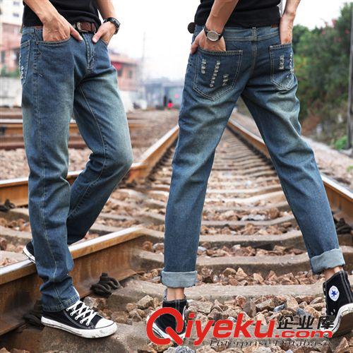 店鋪爆款推薦 2015新款青少年男士潮流簡(jiǎn)約時(shí)尚休閑口袋破洞韓版直筒牛仔褲