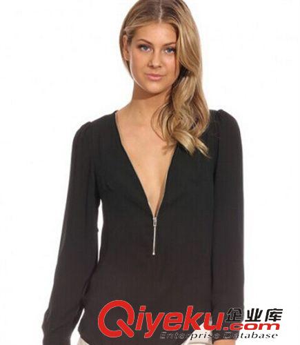 Ebay速賣通爆款 秋裝女上衣霓虹黃色V領(lǐng)長(zhǎng)袖拉鏈雪紡上衣原始圖片3