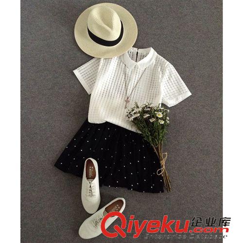 2015年6月新品 2015夏季新款女士襯衫  時尚可愛森女娃娃領純色歐根紗短袖襯衫女