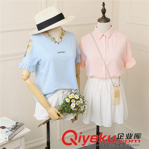 2015年6月新品 2015夏季短袖t恤女款 韓版印花寬松時(shí)尚荷葉邊露肩T恤女廠家直批