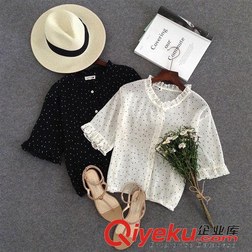 2015年6月新品 2015夏季新款女士襯衫  韓版ts波點印膠木耳邊立領壓皺雪紡襯衫