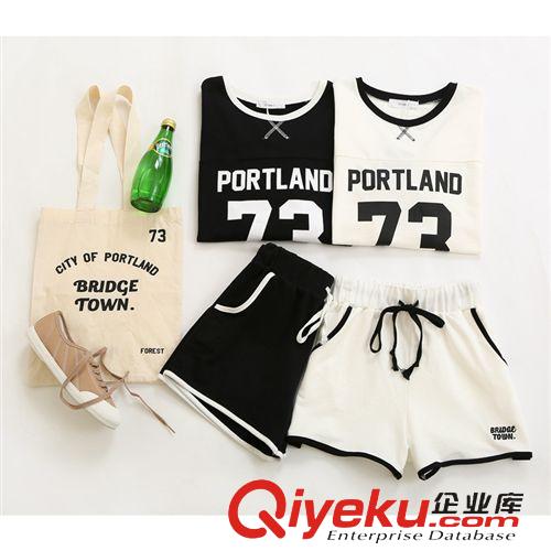 2015年6月新品 2015夏季新款短褲套裝 韓版數字條紋T恤抽繩短褲運動套裝送帆布袋