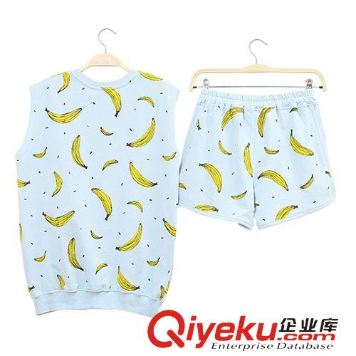 2015年6月新品 2015夏季新款短褲套裝   韓版可愛香蕉無袖T恤短褲運(yùn)動(dòng)套裝贈(zèng)包包