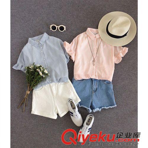 2015年6月新品 2015夏季新款女士襯衫  韓版寬松百搭款翻領(lǐng)荷葉邊短袖條紋襯衫女