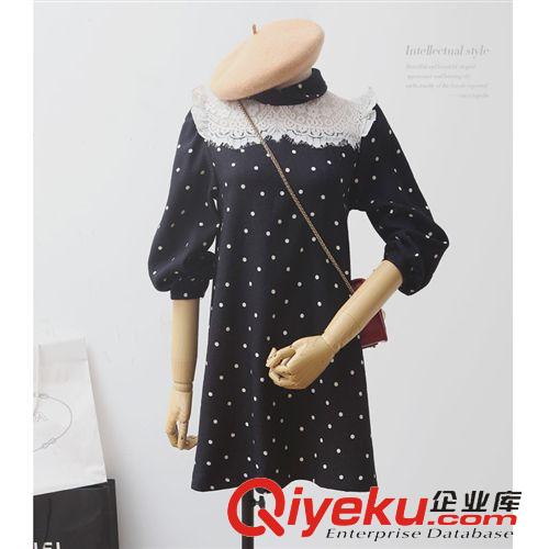 2015年1月新品 2015春裝新款女裝連衣裙 韓版雪紡女連衣裙 俏皮波點拼接木耳邊