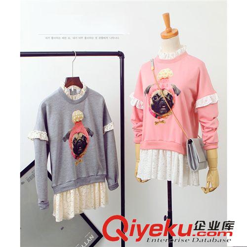 2015年1月新品 春裝新款女裝衛(wèi)衣批發(fā) 韓版汪星人時尚釘珠蕾絲拼接套頭女式衛(wèi)衣