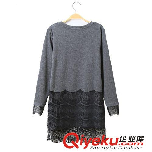 2015年1月新品 春裝新款女裝連衣裙 甜美拼接蕾絲純色長袖T恤連衣裙 低價批發(fā)