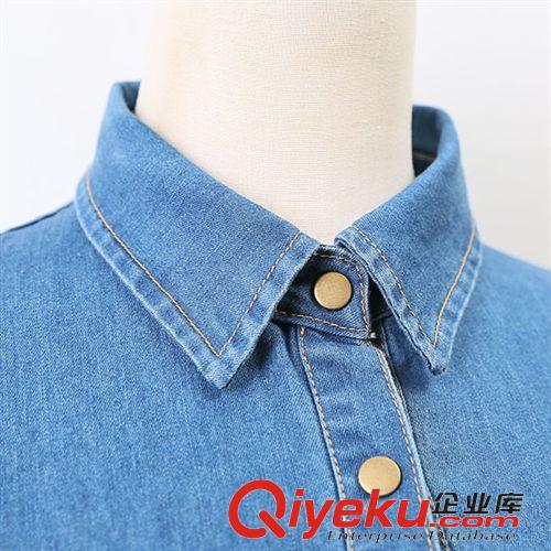 2015年1月新品 夏裝新款女連衣裙批發(fā) 韓版時(shí)尚顯瘦修身翻領(lǐng)牛仔百褶長袖連衣裙