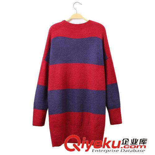 2015年1月新品 春裝新款女裝毛衣 韓版時(shí)尚撞色條紋寬松圓領(lǐng)套頭毛衣 低價(jià)清倉(cāng)