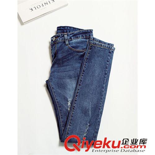 褲裝 春裝新款女裝韓版中腰修身顯瘦個性破洞小腳褲牛仔褲一件代發(fā)混批