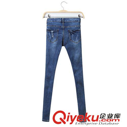 褲裝 春裝新款女裝韓版中腰修身顯瘦個性破洞小腳褲牛仔褲一件代發(fā)混批