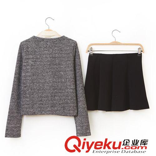套裝 冬裝新款女韓版脫卸假領小香風上衣純色半身裙三件套一件代發混批