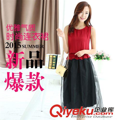 5月新款 夏新款女裝拼接撞色大擺銅氨絲無(wú)袖長(zhǎng)裙長(zhǎng)款連衣裙8421原始圖片2