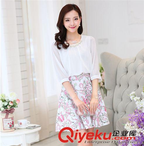5月新款 實拍 春款女裝韓版修身顯瘦雪紡氣質圓領A字七分袖連衣裙