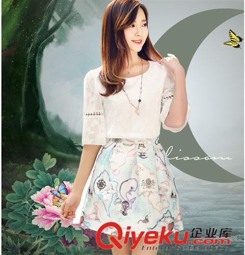 連衣裙  2015春夏新款女裝 甜美中袖圓領(lǐng)套裝蓬蓬a字裙 兩件套高腰連衣裙原始圖片3