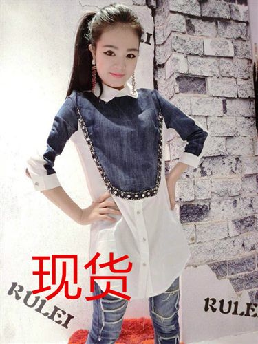 女式襯衫 歐洲站{zx1}時尚牛仔拼接中長款百搭襯衫8089