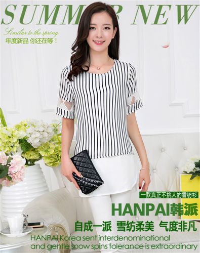 蕾絲衫、雪紡衫 2015夏季時尚新款女裝圓領(lǐng)短袖條紋舒適顯瘦雪紡衫上衣女潮8126原始圖片2