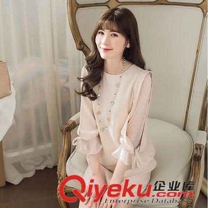 3月新款 春季新款韓版修身七分袖蝴蝶結短裙雪紡連衣裙女 批發(fā)原始圖片2