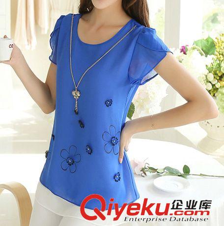 3月新款 2015夏裝新款女式娃娃領(lǐng)雪紡衫短袖寬松大碼中長(zhǎng)款小清新上衣原始圖片3