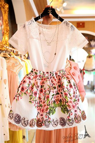 套裝系列 2015夏季新品韓國dp歐根紗蕾絲刺繡雪紡衫 桃花蓬蓬連衣裙套裝