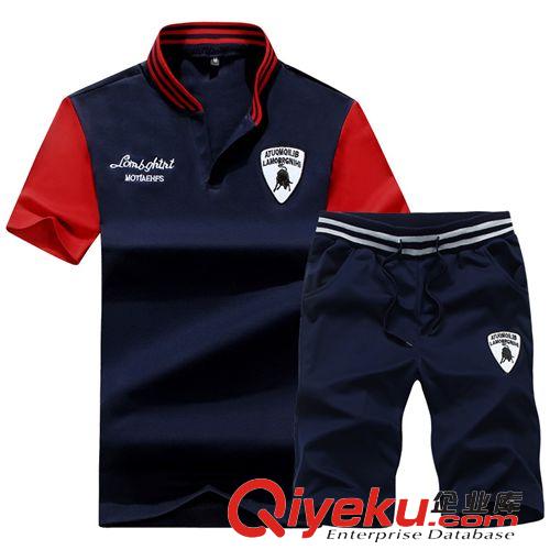 New!短袖套裝 男式運動套裝夏季新款 撞色拼接休閑運動服 立領短袖短褲休閑套裝原始圖片2