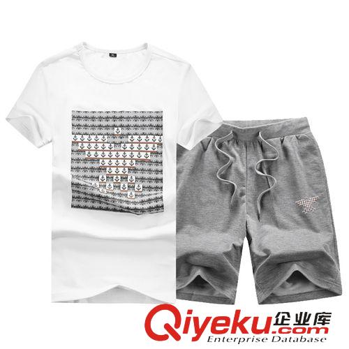 New!短袖套裝 男休閑套裝夏季新品 品牌跑步運動裝 印花圓領t恤五分褲運動套裝原始圖片3