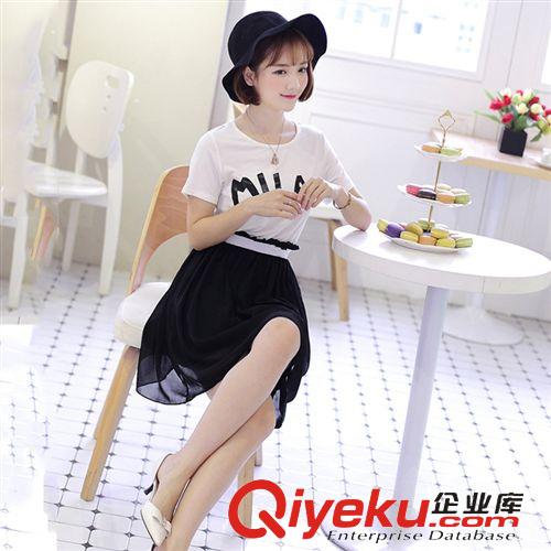 連衣裙 2015夏裝新款圓領女裝套頭印花莫代爾短袖撞色中長款假兩件連衣裙原始圖片2