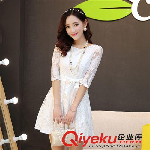 連衣裙 2015夏季新品女裝韓版修身OL大擺收腰圓領性感蕾絲打底鏤空連衣裙原始圖片3