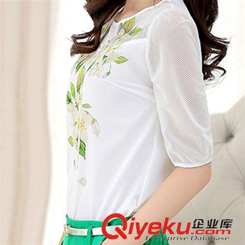 888888 2015夏新款大碼女裝上衣 韓版修身顯瘦網紗短袖印花圓領打底衫潮