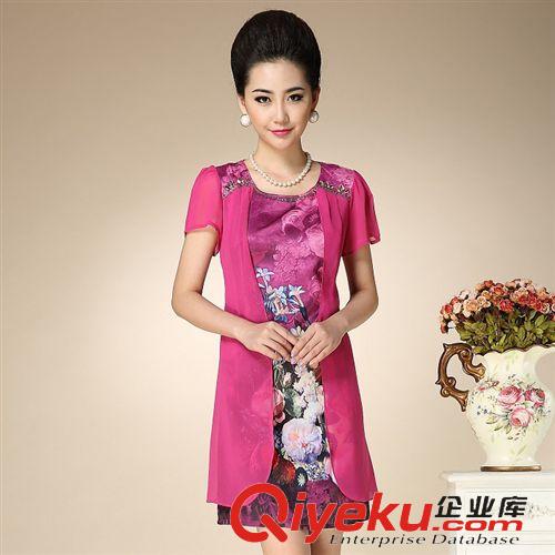 6月1期 實(shí)拍2015夏季女裝新款中老年加大碼媽媽裝假兩件印花真絲連衣裙原始圖片2