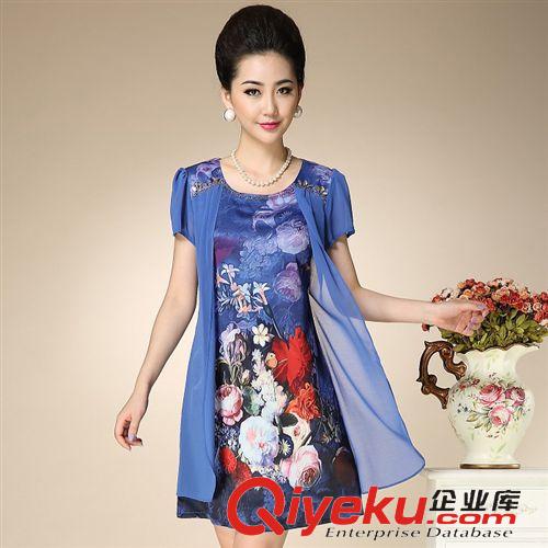 6月1期 實(shí)拍2015夏季女裝新款中老年加大碼媽媽裝假兩件印花真絲連衣裙原始圖片3