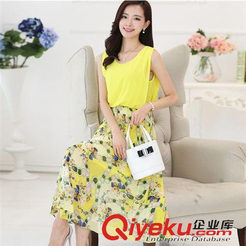 6月1期 2015夏季女裝新款印花裙子中長(zhǎng)款波西米亞碎花裙無(wú)袖雪紡連衣裙